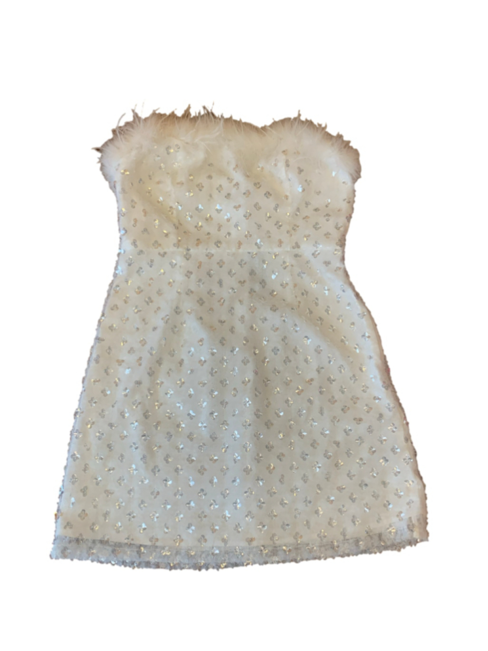 Lulus NWT White and Silver Sequin Feather Mini Dress Size L